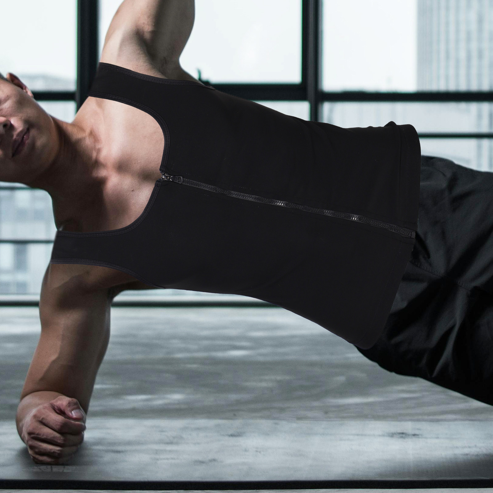 Yoga Fitness Trainer - Erkekler için fermuarlı kompresyon antrenman yeleği,